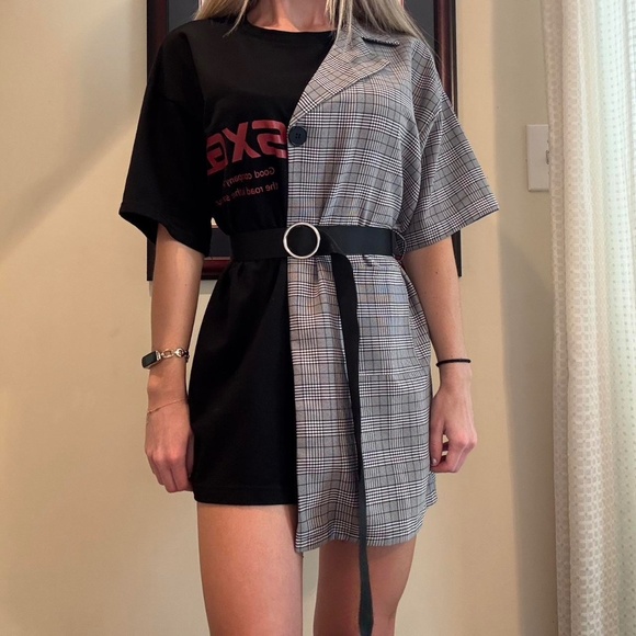 Black and Grey Plaid Oversized Mock Two-Piece Blazer Dress/Top - Picture 1 of 4